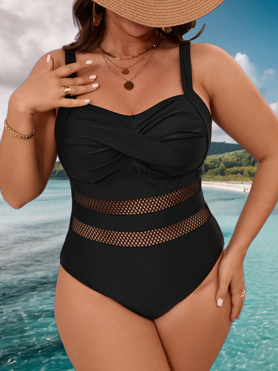 Damen Einteiler Badeanzug mit elegantem Netzdesign Drune