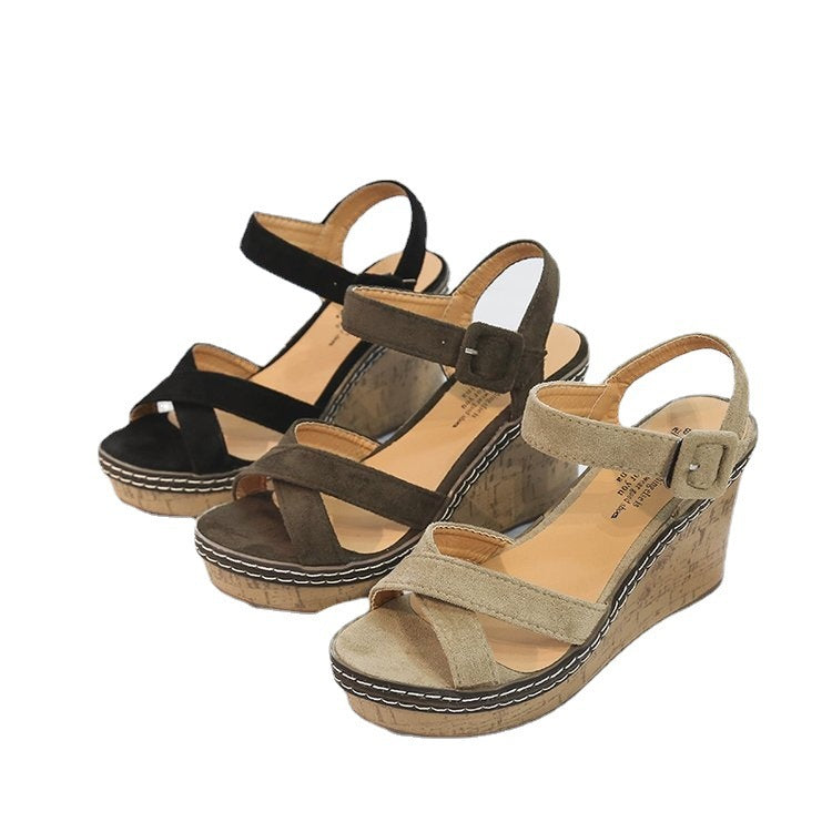 Damen nan Keilabsatz Sandalen mit Korkplateau verstellbarem Knöchelriemen aus Veloursleder Drune