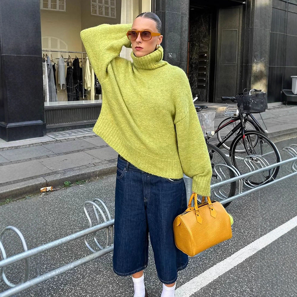 Damen gemütlicher Strickpullover mit hohem Kragen und überschnittenen Schultern Drune