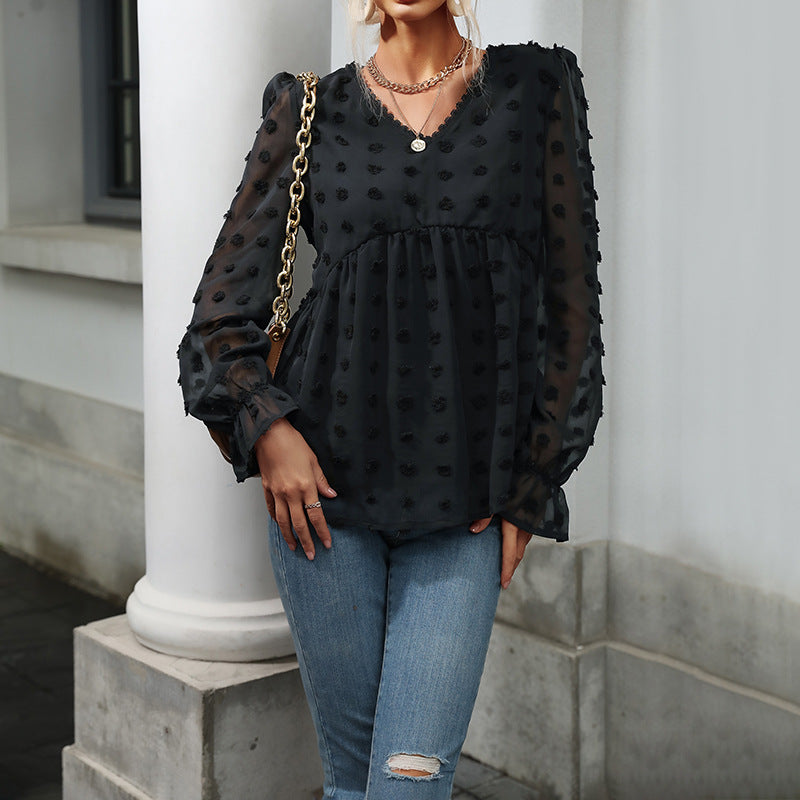 Damen luftige Bluse mit Rüschendetails und dekorativem Punkte-Design Drune