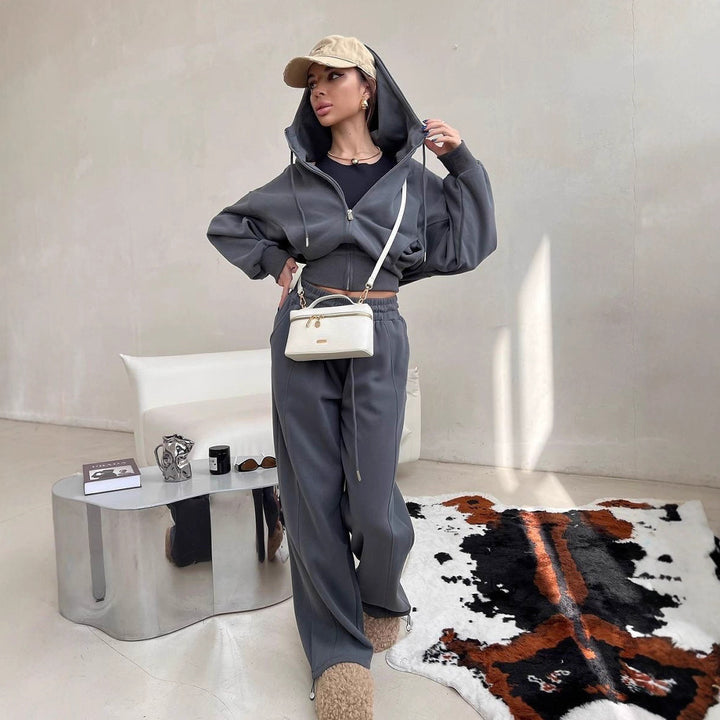 Damen lässiges und modisches Freizeit-Set mit cropped Kapuzenjacke und weitem Hosen Drune