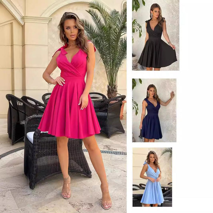 Drune | Ärmelloses Einfarbiges Tiefes V-Ausschnitt-Minikleid