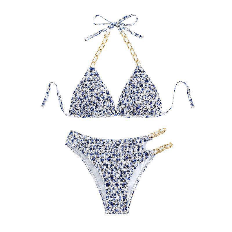 Damen Triangel-Bikini mit goldenen Ketten-Details und verspieltem Blumenmuster Drune
