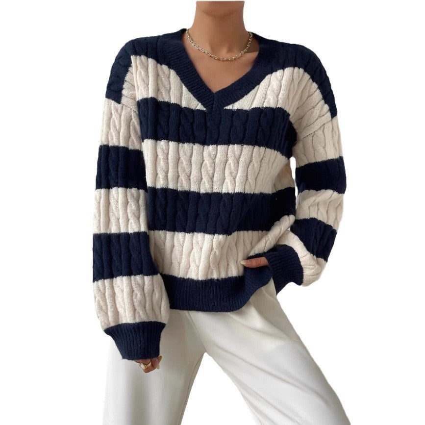 Damen Grobstrickpullover mit modischem V-Ausschnitt und buntem Streifenmuster Drune