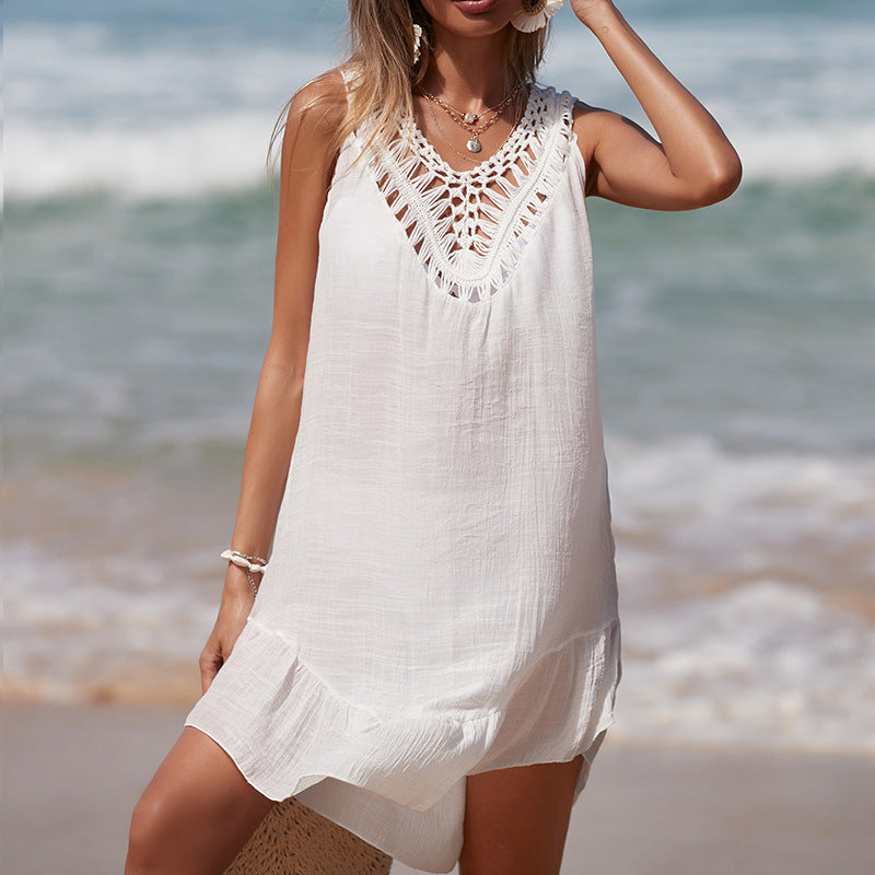 Damen luftiges Häkel-Strandkleid mit V-Ausschnitt und romantischem Saum Drune