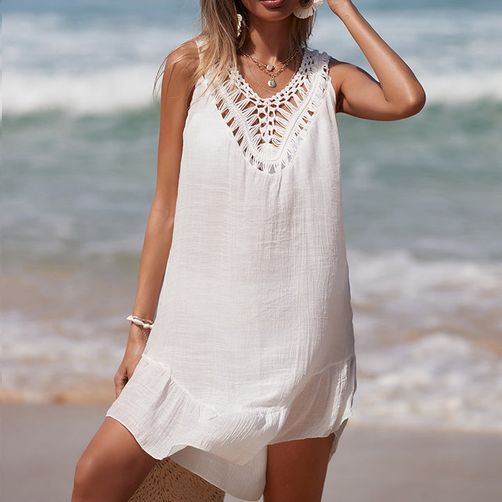 Damen luftiges Häkel-Strandkleid mit V-Ausschnitt und romantischem Saum Drune