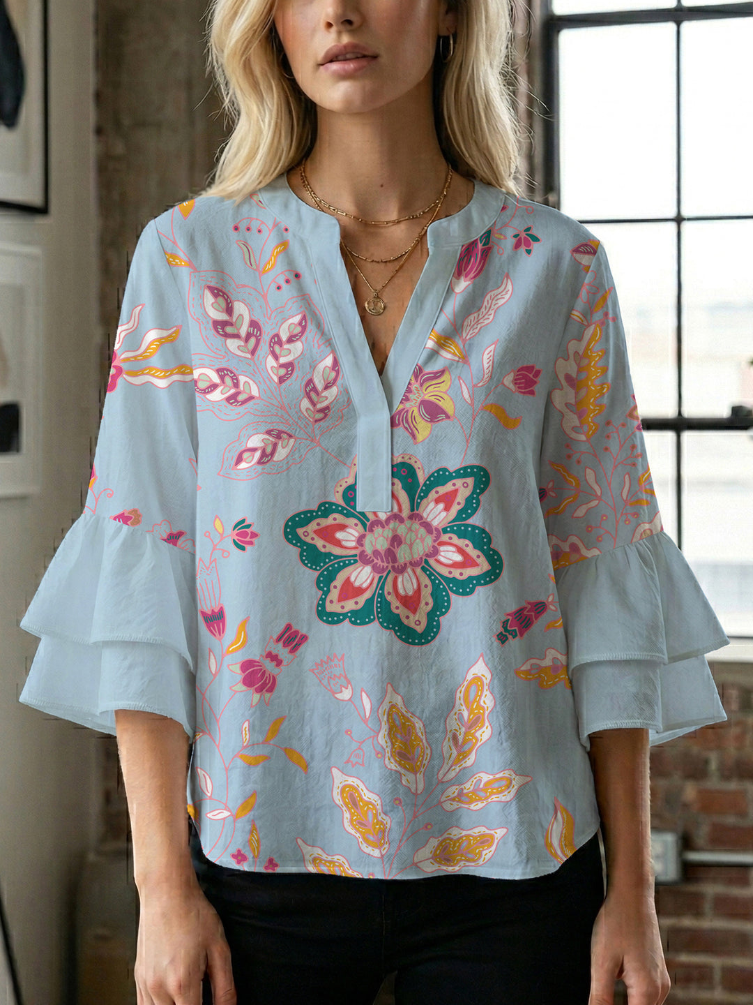 Damen Bluse mit voluminösen Rüschenärmeln und kreativem Floraldesign Drune