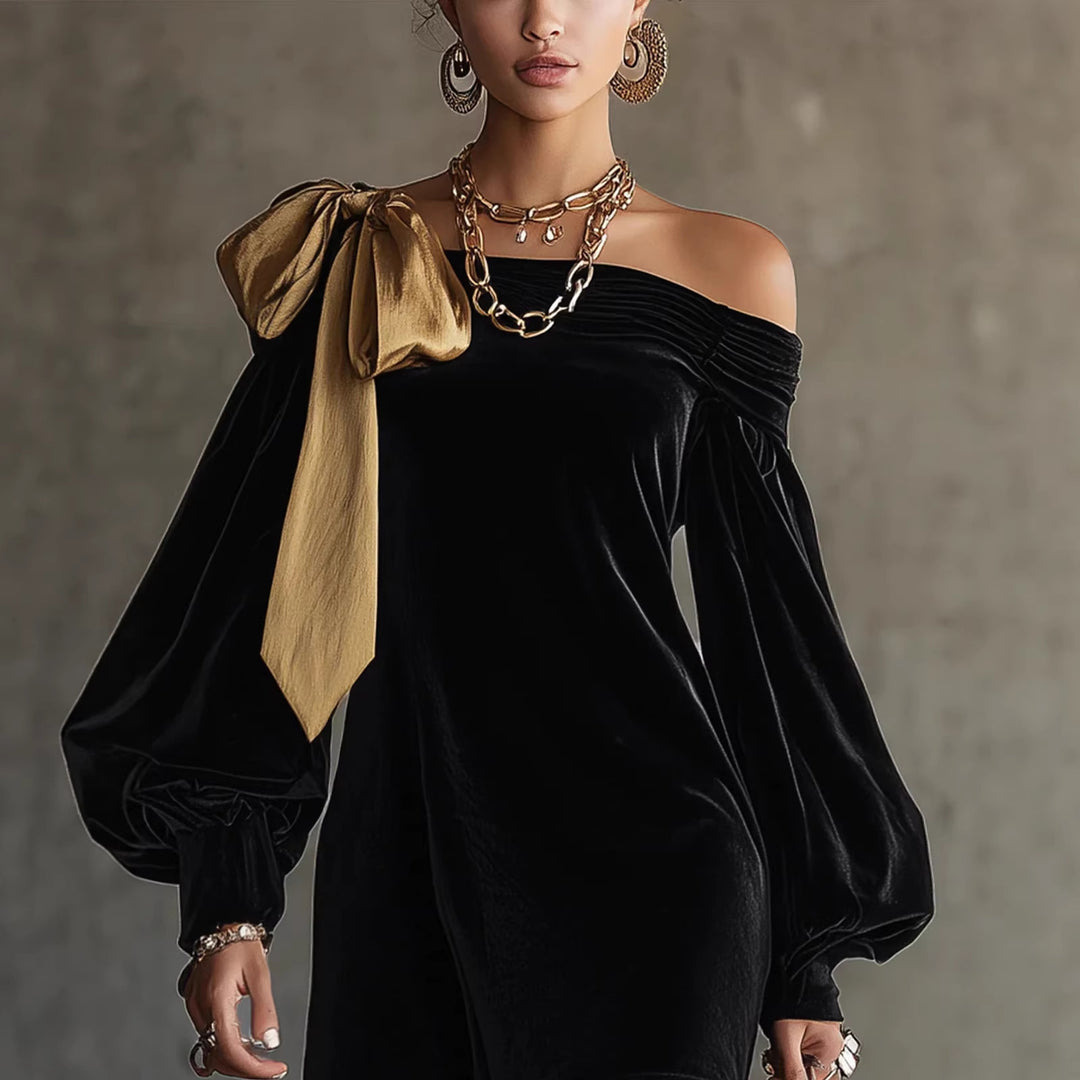 Damen Verspielt-elegantes Mini-Kleid mit asymmetrischem Ausschnitt und Puffärmeln Drune