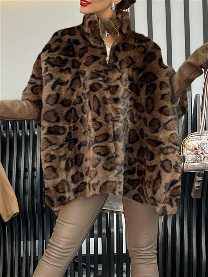 Damen Steppmantel mit Leopardenmuster und hohem Kragen Drune