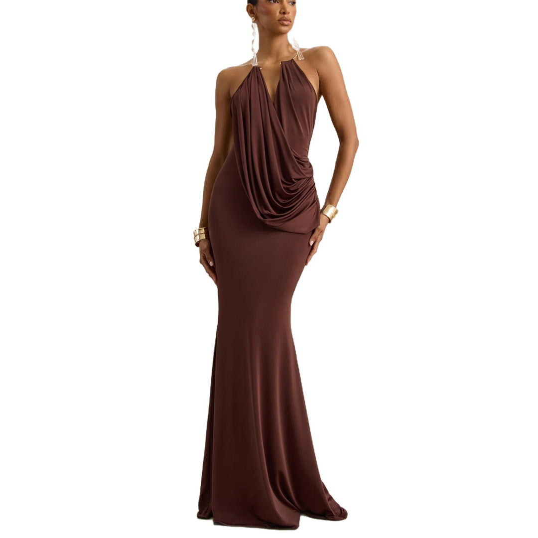 Damen Raffiniertes Maxikleid mit tiefem V-Ausschnitt und Drapierung Drune