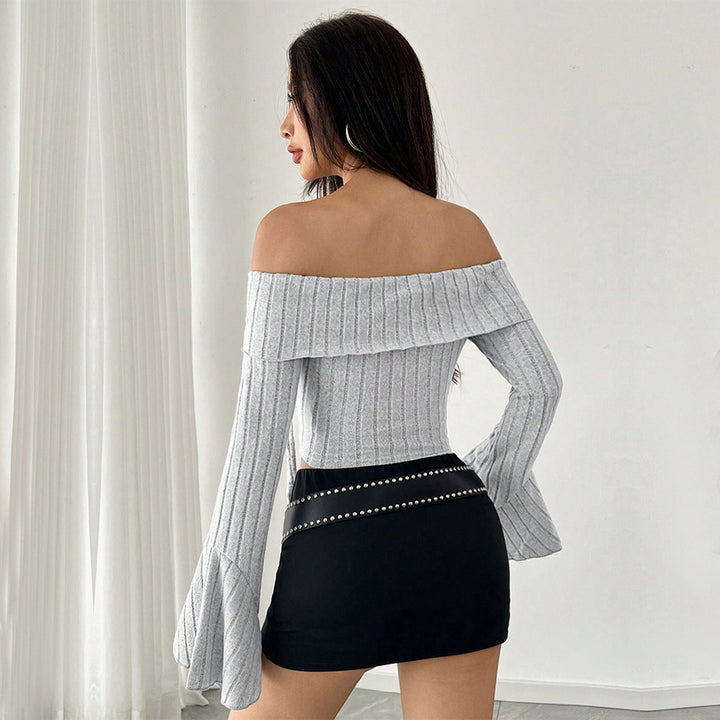 Damen Off-Shoulder Oberteil mit asymmetrischem Saum und langen Trompetenärmeln Drune