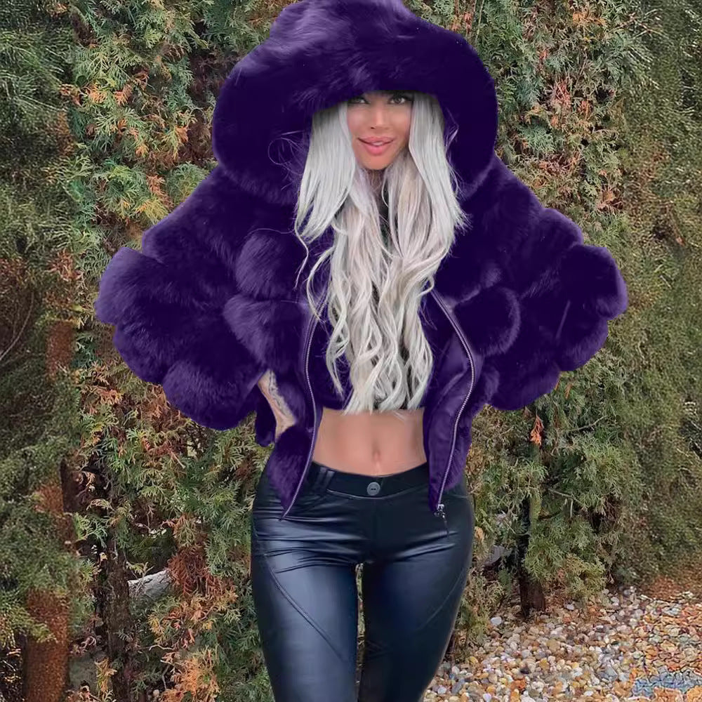 Damen Sportliche Kunstpelzjacke mit Kapuze Drune