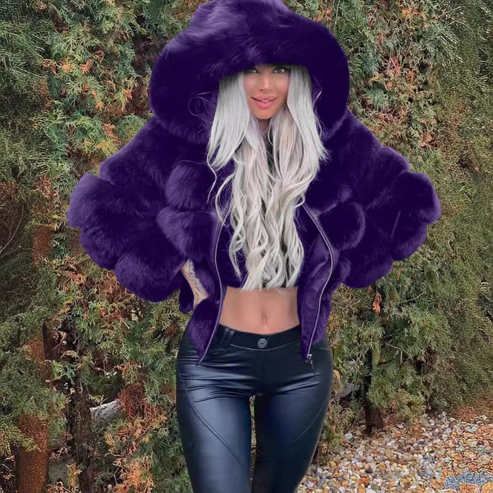 Damen Sportliche Kunstpelzjacke mit Kapuze Drune
