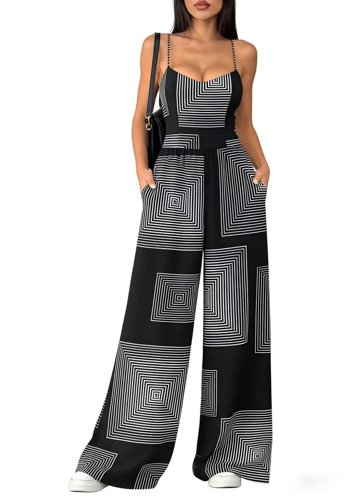 Damen Eleganter Jumpsuit mit geometrischem Print und breiten Beinen Drune