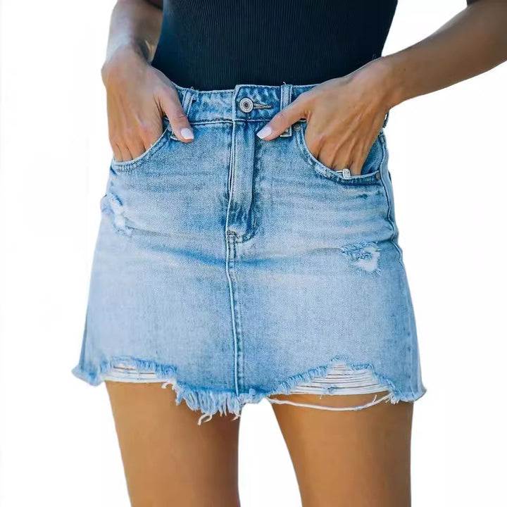 Damen Jeans-Minirock im used Look mit Fransen und hohem Bund Drune