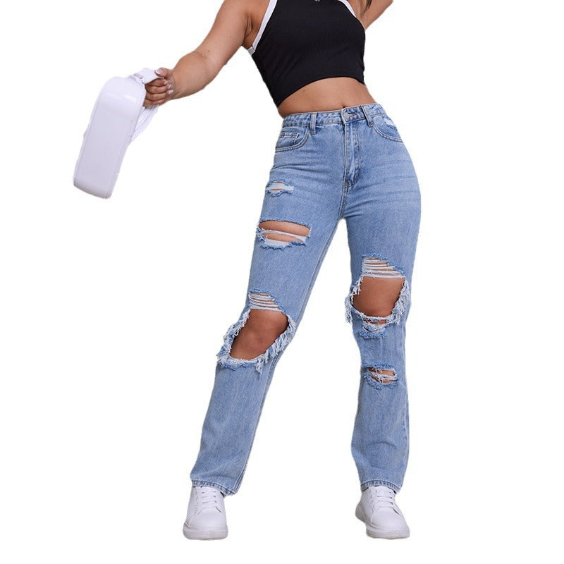 Damen Destroyed Jeans mit modernem High-Waist Schnitt und auffälligen Rissdetails Drune