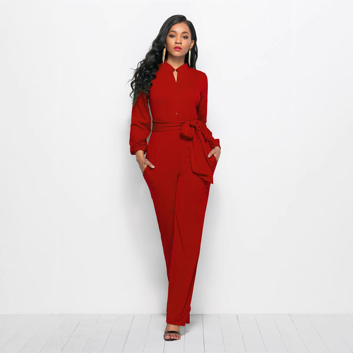 Damen Eleganter Jumpsuit mit tailliertem Schnitt und langen Ärmeln Drune