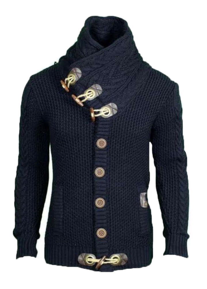Herren nan grobgestrickter Cardigan mit Schalkragen, Knebelverschlüssen und Zopfmusterärmeln Drune