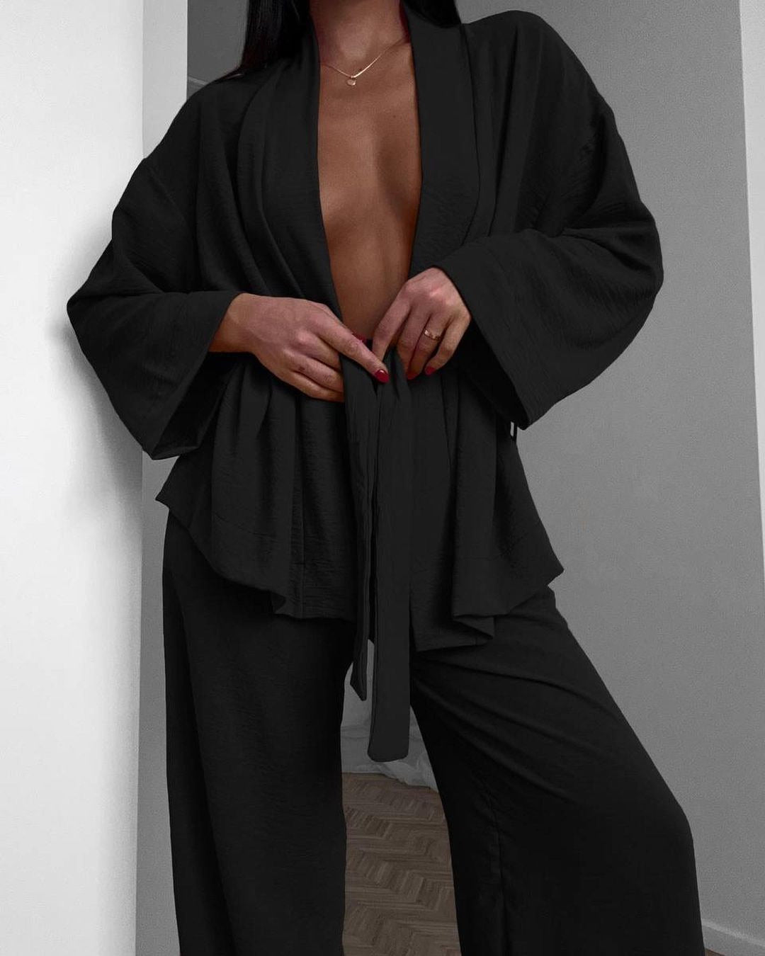 Damen lässiges Kimono-Set mit weitem Schnitt und elastischem Bund Drune