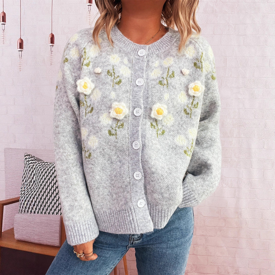 Damen Strickjacke mit floralem Design und Knopfverschluss Drune