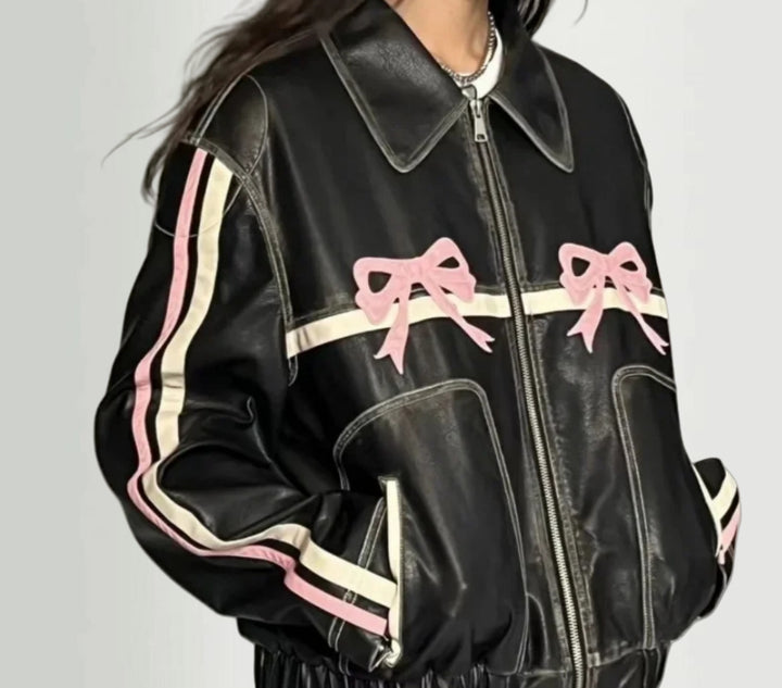 Damen lässige Kunstlederjacke mit verspielten Schleifendetails Drune