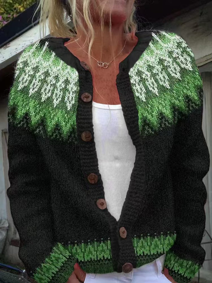 Damen nan gemusterte Strickjacke mit Rundpasse, Holzknöpfen und Eingrifftaschen Drune