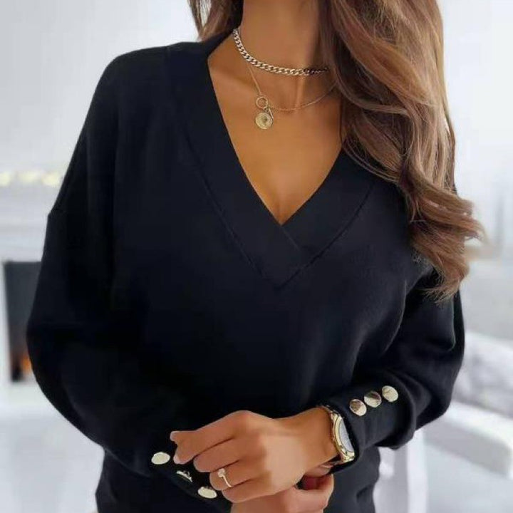 Damen Lässiger V-Ausschnitt Pullover mit Knopfdetails Drune