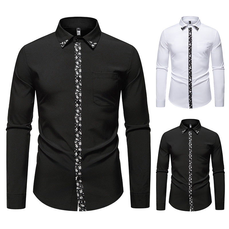 Herren elegantes Langarmhemd mit floralem Kragen und Brusttasche Drune