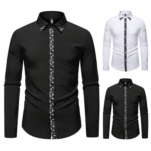 Herren elegantes Langarmhemd mit floralem Kragen und Brusttasche Drune