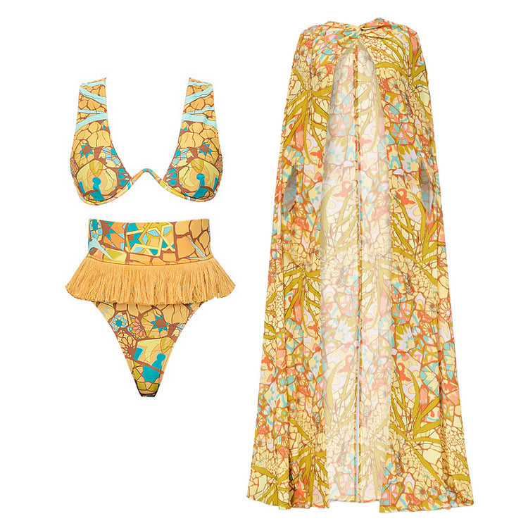 Damen Bikini-Set mit fransigem Saum und kreativem Muster Drune