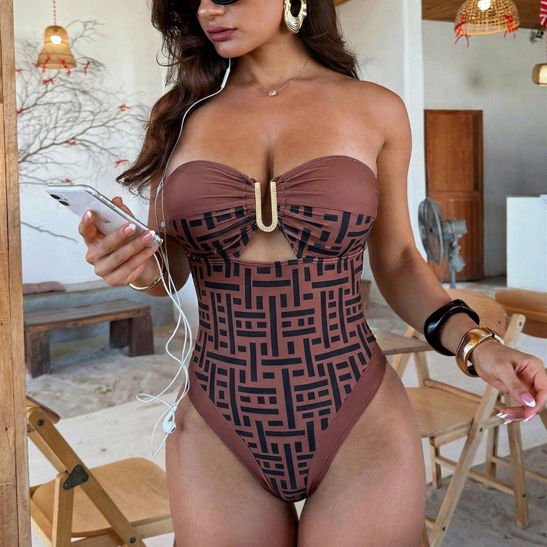 Damen Einseitiger Cut-Out Badeanzug mit dekorativer Schnalle Drune