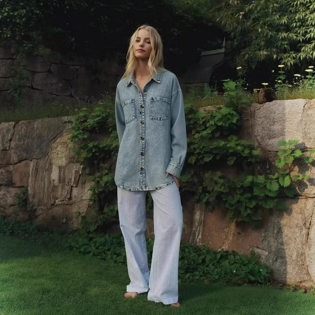 Damen Oversized Denim-Hemd mit aufgesetzten Taschen Drune
