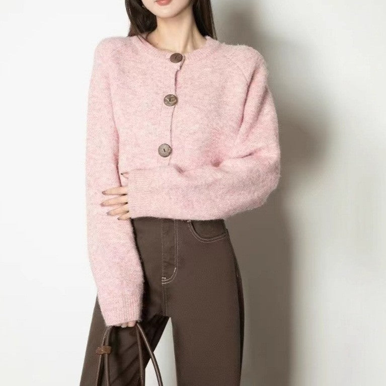 Damen gemütliche Strickjacke mit großen Knöpfen und hohen Kragen Drune