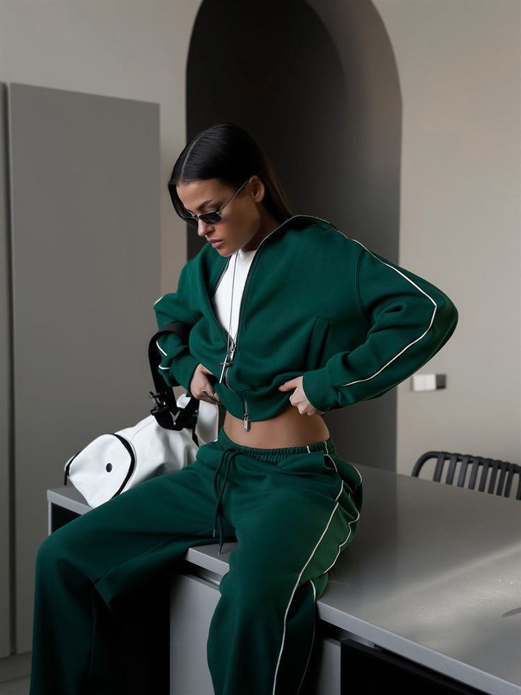 Damen nan kurzes Reißverschluss-Hoodie und hohe Taillen-Jogginghose Set mit dekorativer Seitenpaspel Drune