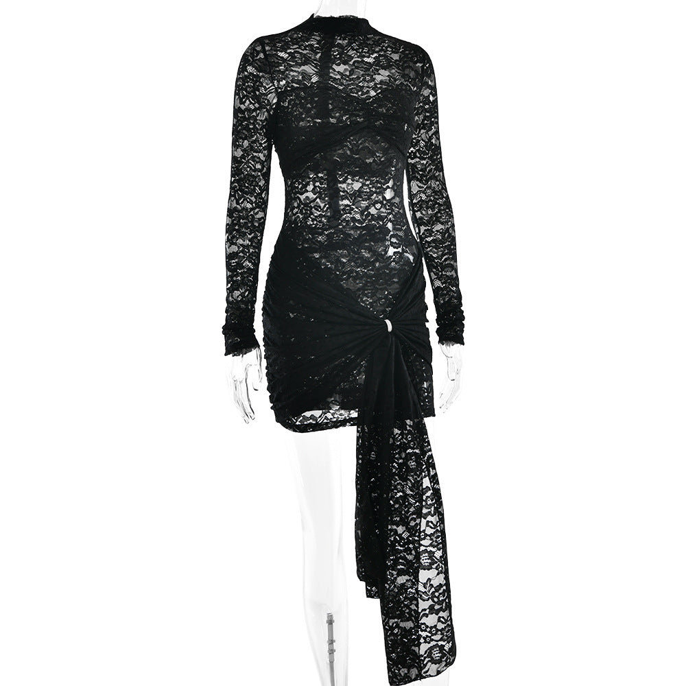 Damen Spitzenkleid mit asymmetrischem Saum und langen Ärmeln Drune