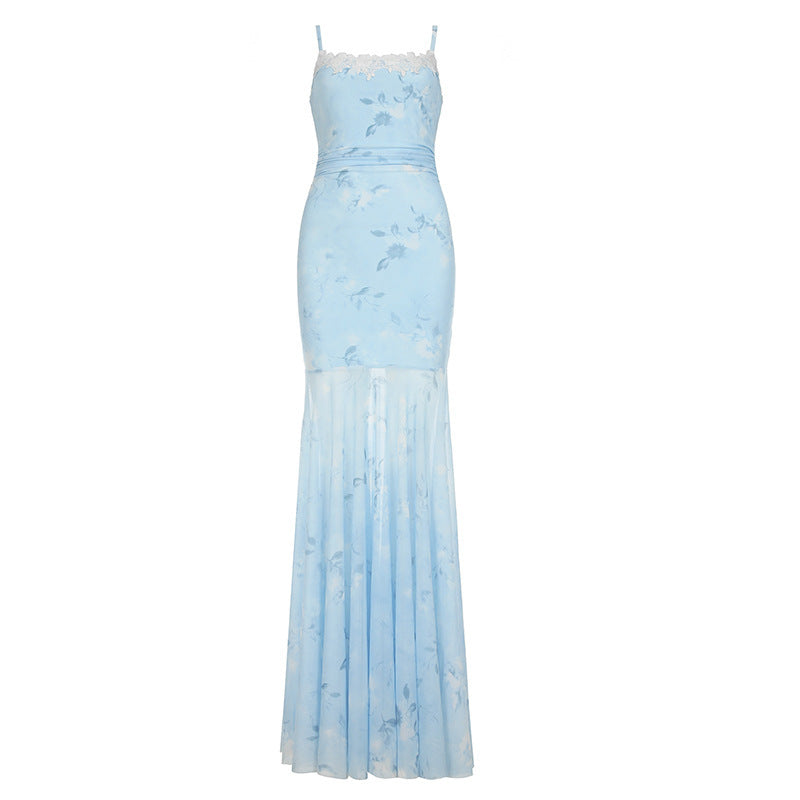 Damen Maxikleid mit floralem Druck und eleganter Spitzenborte Drune