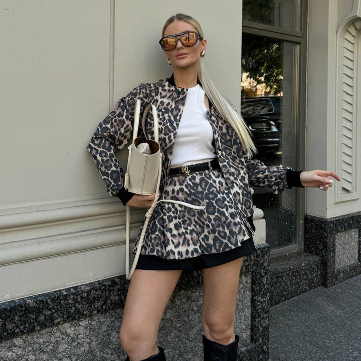 Damen Set bestehend aus Leopardenmuster-Blouson und Rock Drune