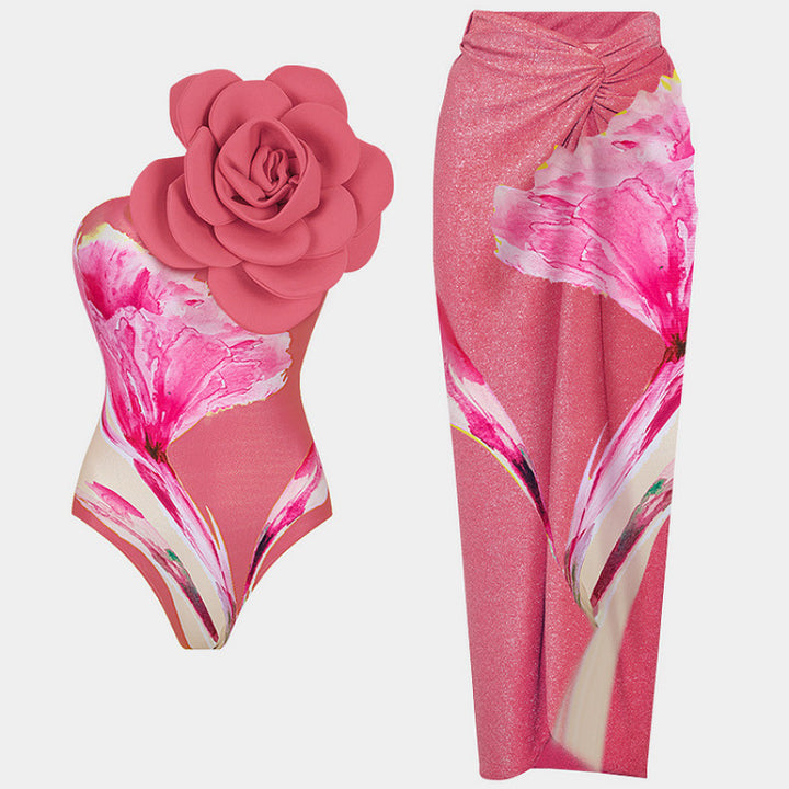 Damen Einteiler Badeanzug mit floralem Design und elegantem Wickelrock Drune