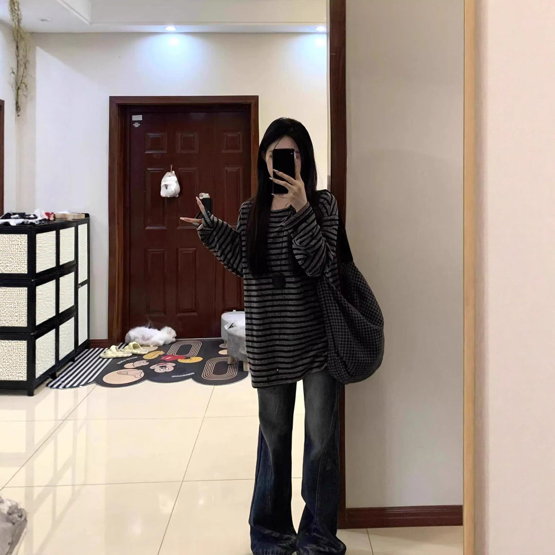 Damen Lässiges gestreiftes Oversized-Shirt mit weiten Ärmeln Drune