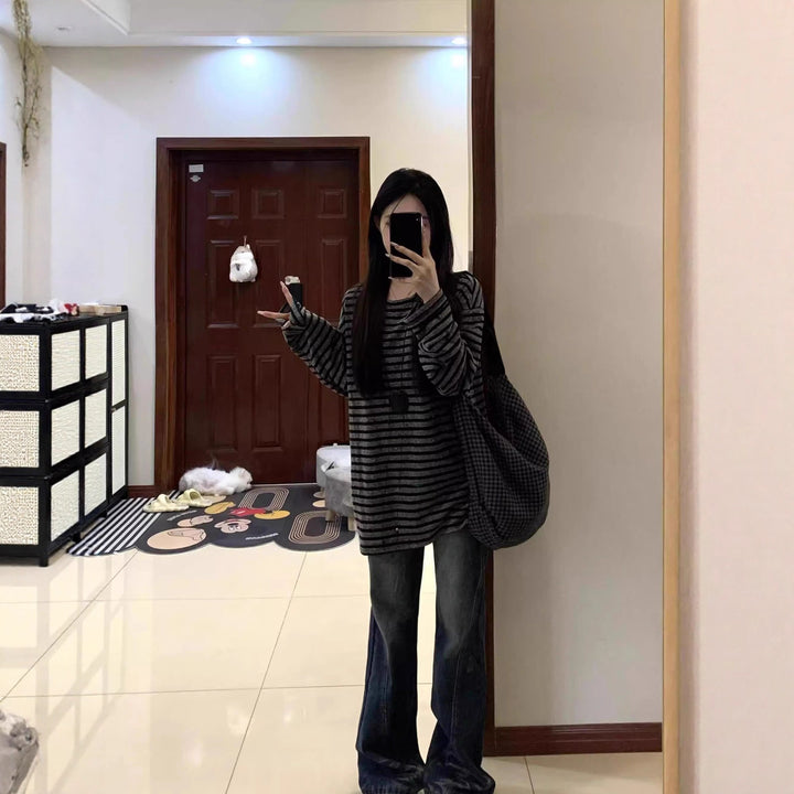 Damen Lässiges gestreiftes Oversized-Shirt mit weiten Ärmeln Drune