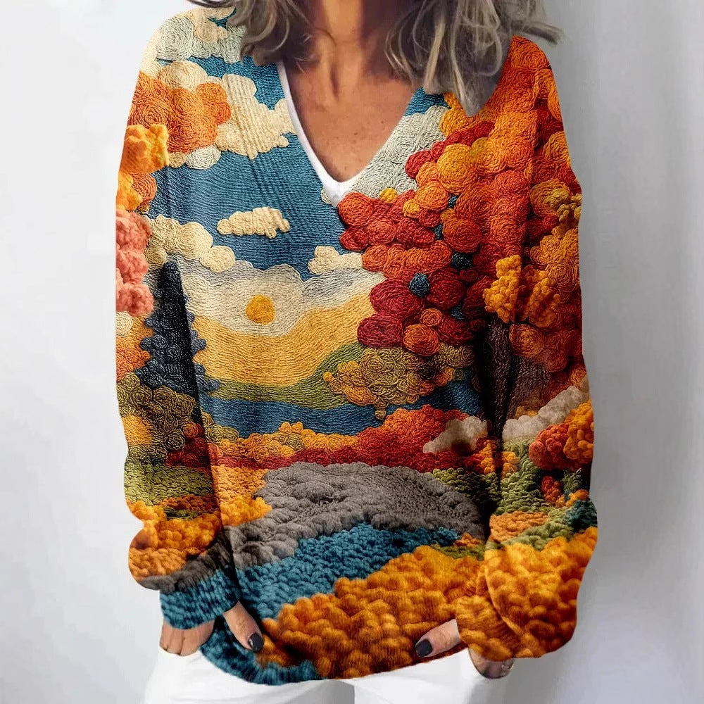 Damen Strickpullover mit kunstvollem Landschaftsmuster Drune