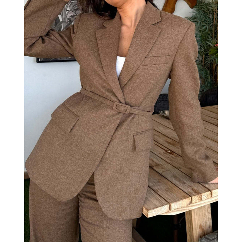 Damen Eleganter Blazer mit Taillengürtel und praktischen Taschen Drune