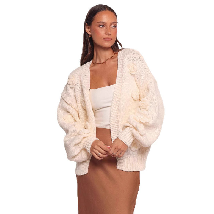 Damen Strickjacke mit floralem Design und voluminösen Ärmeln Drune