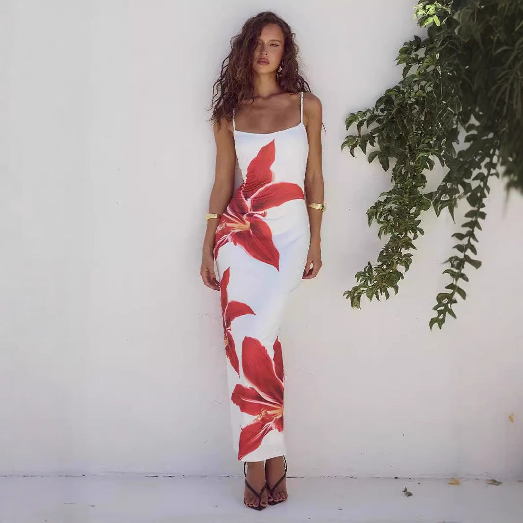 Damen Maxikleid mit raffiniertem Blumenmuster und schmalen Trägern Drune