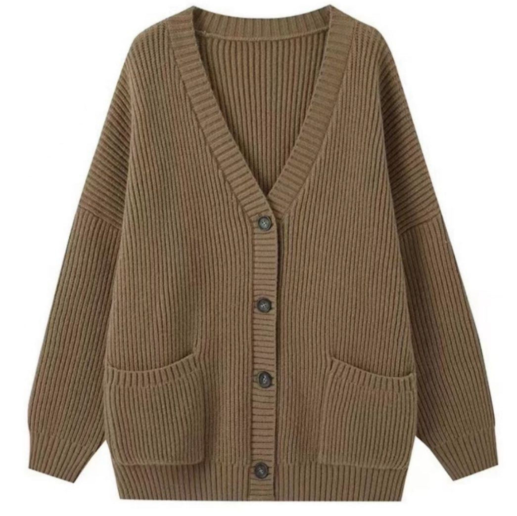 Damen Grobstrick Cardigan mit Taschen und tiefem V-Ausschnitt Drune