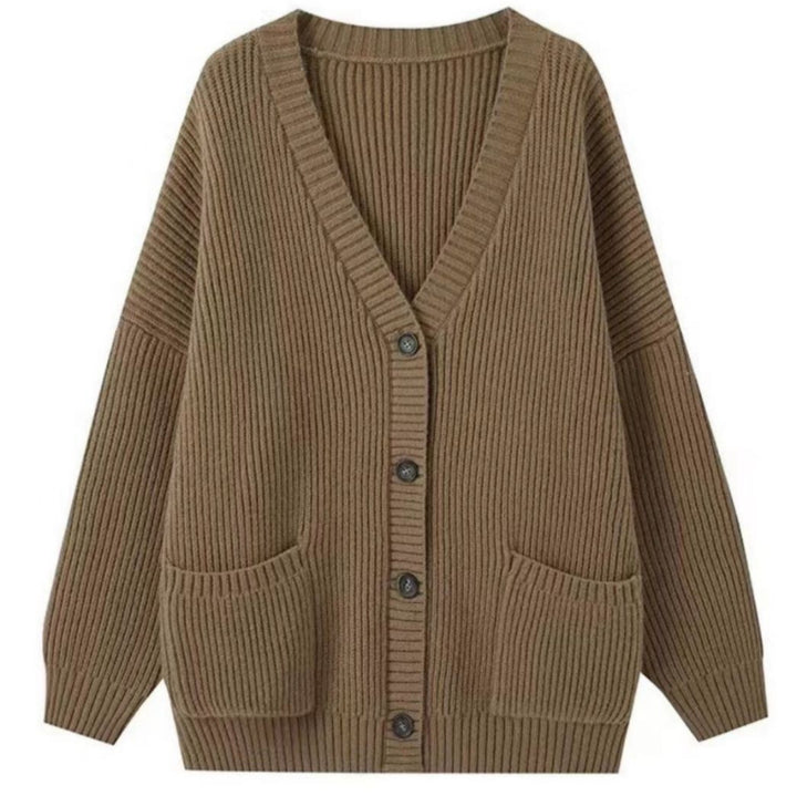 Damen Grobstrick Cardigan mit Taschen und tiefem V-Ausschnitt Drune