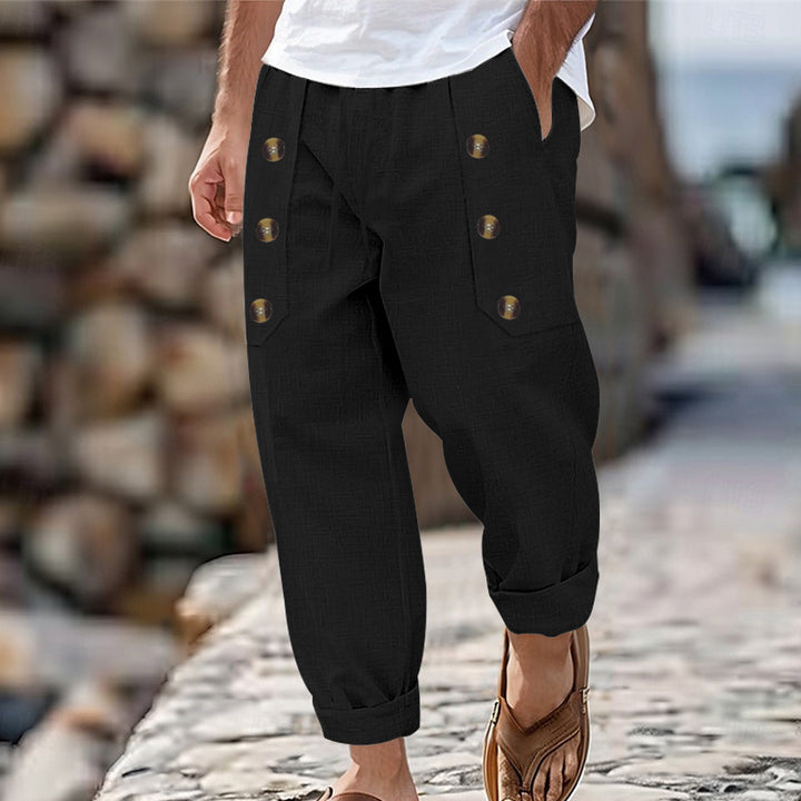Herren lässige Leinen-Cargo-Hose mit praktischen Knöpfen und seitlichen Taschen Drune