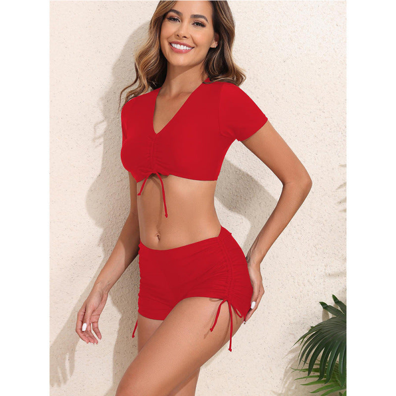 Damen Sportliches Crop-Top Badeanzug mit Raffung Drune