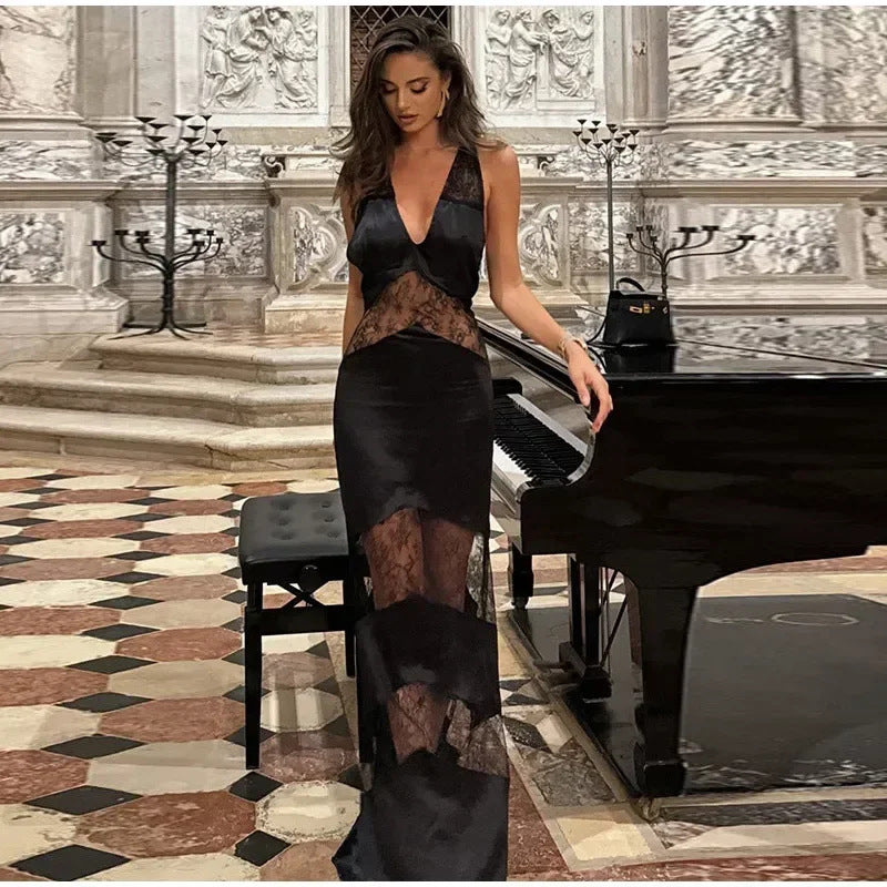 Damen Elegantes Maxikleid mit verführerischem Spitzenbesatz Drune