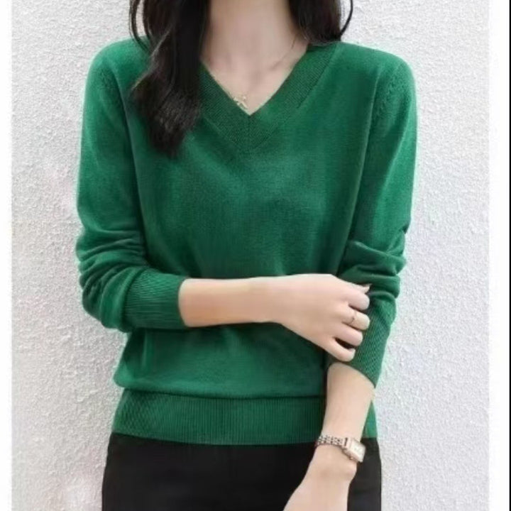Damen Eleganter V-Ausschnitt Pullover mit feiner Stricktextur Drune